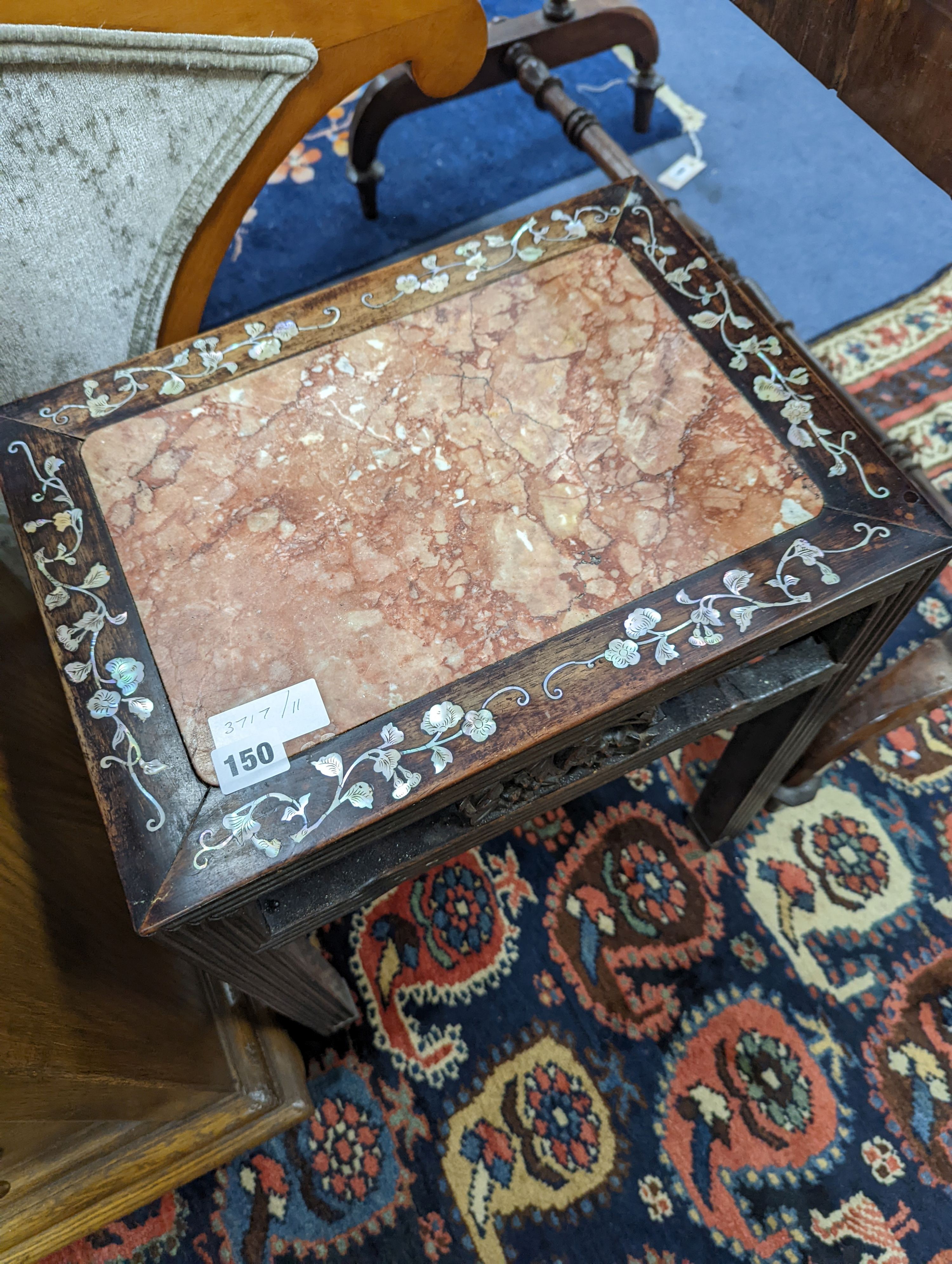 A Chinese rectangular mother of pearl inlaid rouge marbled top padouk jardiniere stand, width 42cm, depth 31cm, height 52cm